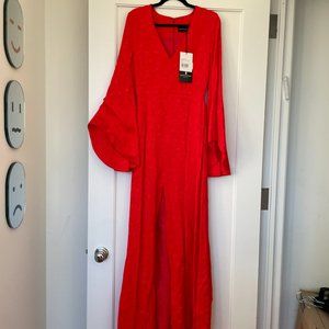 Brandon Maxwell Jacquard Flare Sleeve V-Neck Front Slit Gown Poppy Red Sz 6